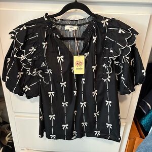 Entro Black Flutter Sleeve Bow Top L